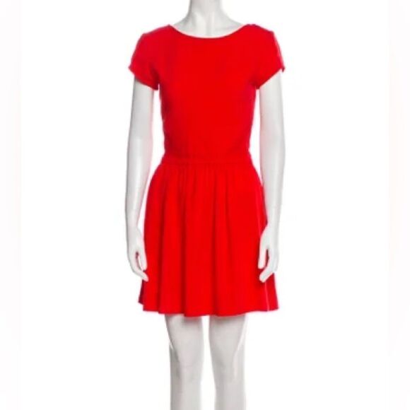 Maje Fit & Flare Mini Dress in Red Smocked Sides Pockets Double Scoop Size 1/S - Picture 1 of 9